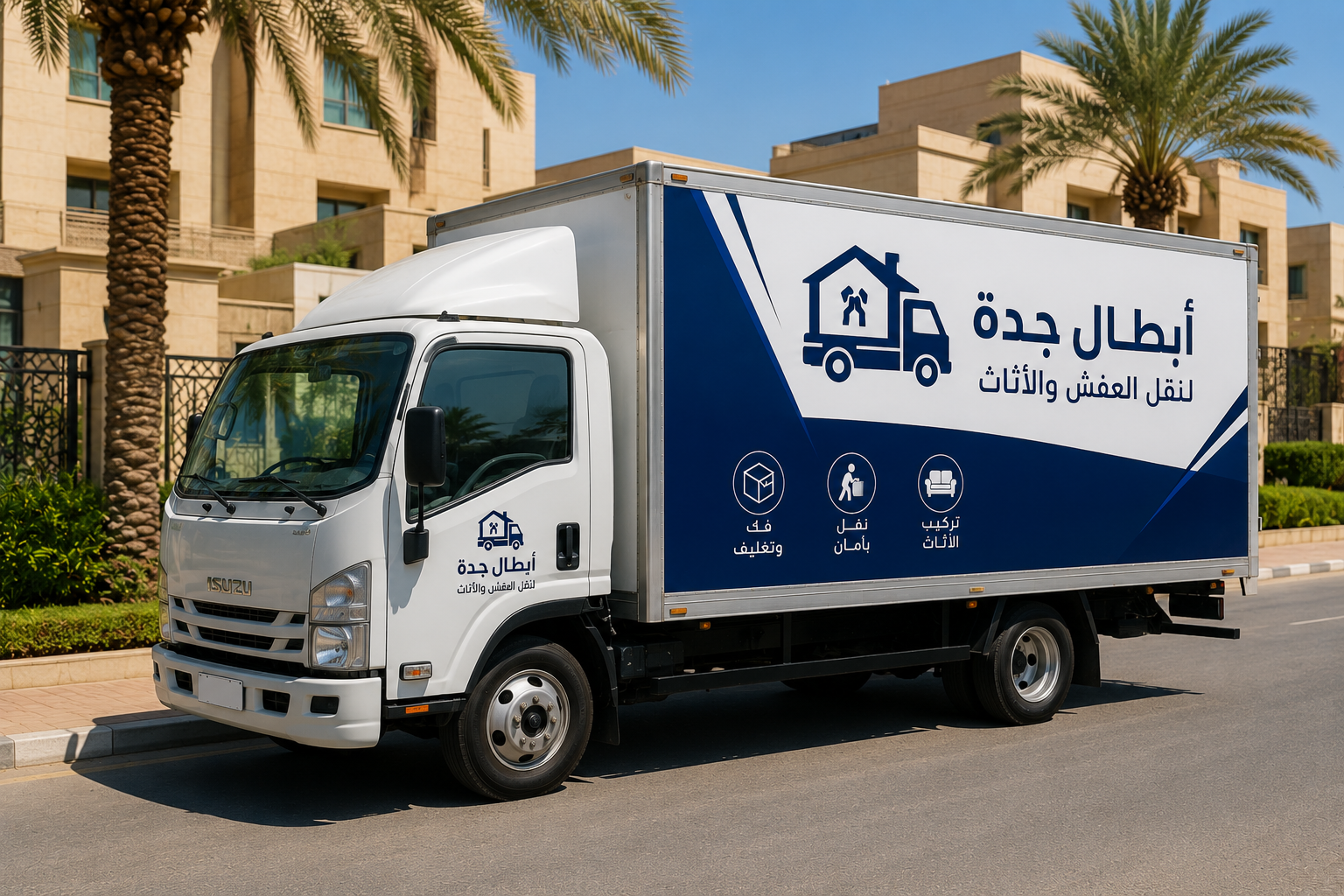 خدمة نقل عفش بجدة حي الصفا 1 شاحنة نقل تحمل شعار الشركة