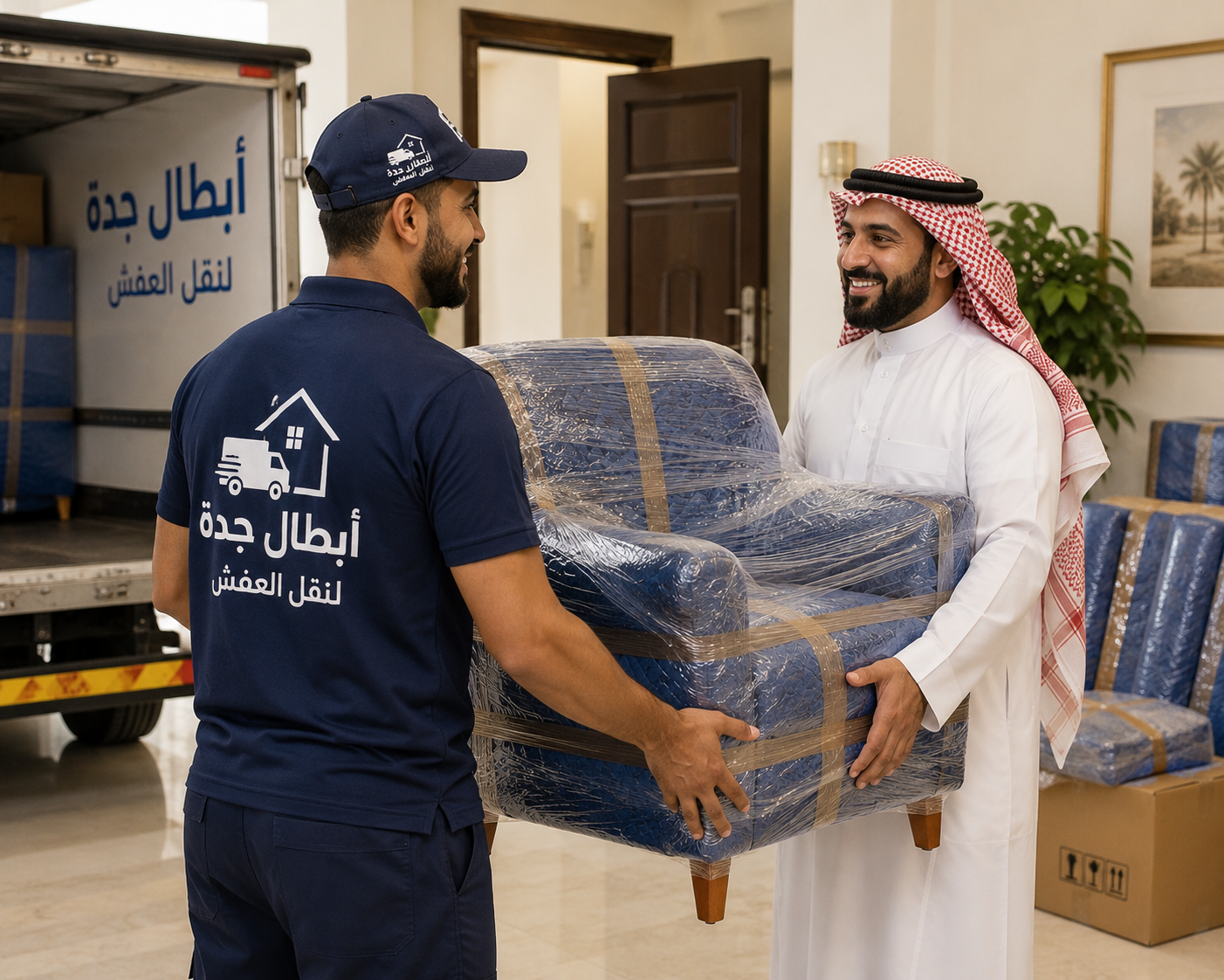بعض عمال شركة نقل العفش مع العميل