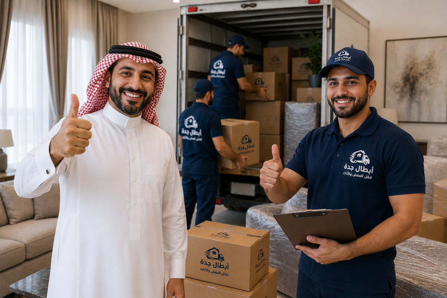 عميل مندوب شركة نقل عفش في جدة مع عميل سعيد بالخدمة